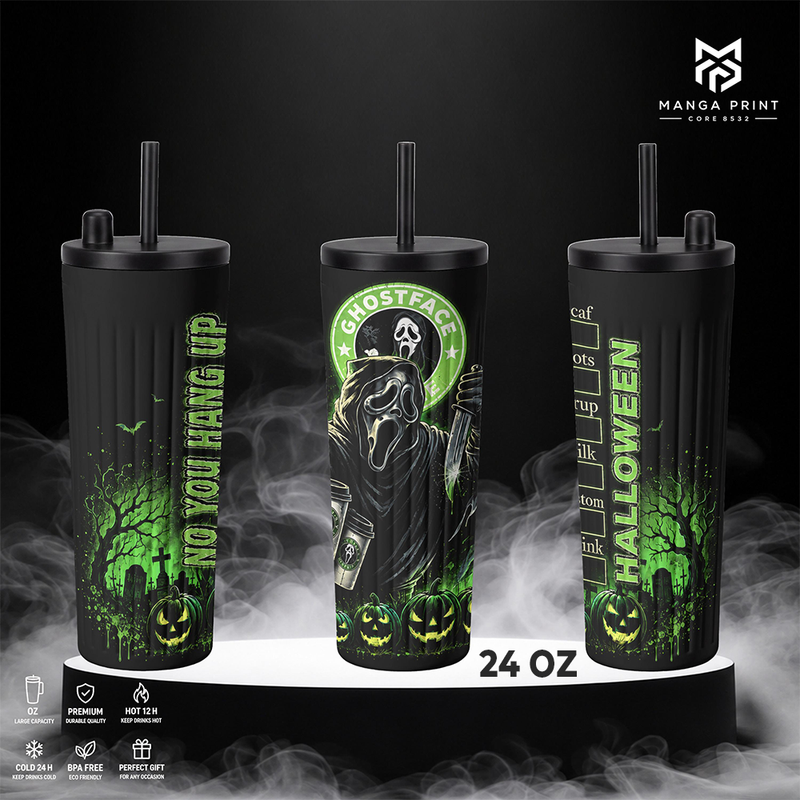 Ghostface Halloween Insulated Tumbler Horror Coffee Cup No You Hang Up Green Pumpkin Design Stainless Steel 17oz 24oz 30oz Vacuum Travel Mug Reusable Drinkware Halloween Horror Gift