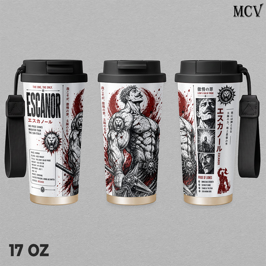 Escanor The Seven Deadly Sins Tumbler 17oz 24oz 30oz, Premium Insulated Stainless Steel Travel Mug with Lid and Handle, Sunshine Warrior Anime Graphic Design, Reusable Coffee Water Cup, Gift for Anime Fans
