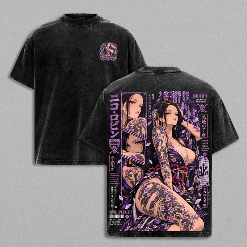 Limited Edition Nico Robin Vintage Washed T Shirt, OP Anime Graphic Tee, Heavyweight Cotton Streetwear, Manga Aesthetic Double Printed Shirt, Unisex Anime Apparel, Gift for One Piecee Fans