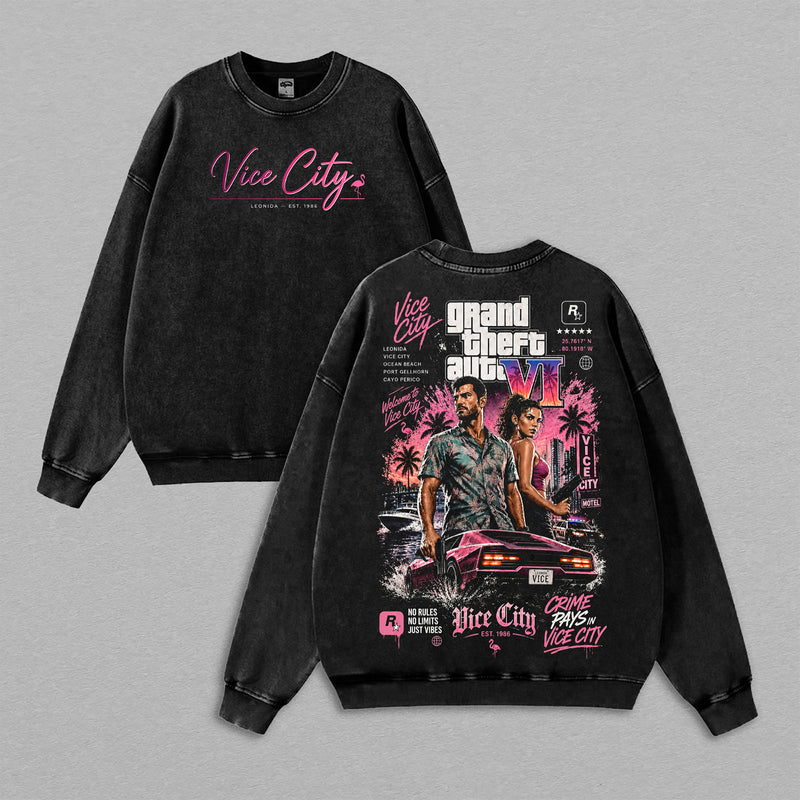 GTA 6 Vice City Vintage Washed Oversized Hoodie, T-Shirt & Sweatshirt, Double-Sided Grand Theft Auto VI Jason & Lucia Graphic Apparel, Neon Pink Vice City Palm Trees and Sports Car Design, Retro 80s Y2K Streetwear, Unisex GTA Gamer Gift