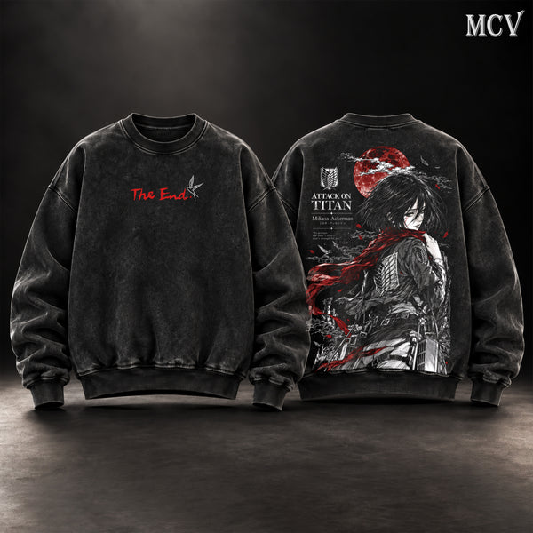 Mikasa Ackerman Attack on Titan Vintage Washed Oversized Sweatshirt, Double-Sided Anime Graphic Crewneck, Red Scarf Survey Corps Wings of Freedom Design, The End AOT Final Season Artwork, Retro 90s Y2K Streetwear, Unisex Anime Fan Gift
