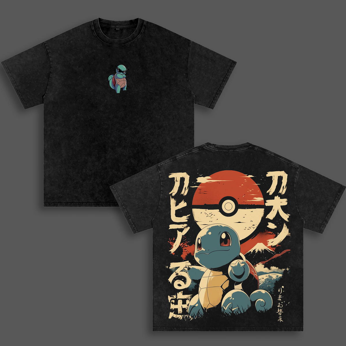 Squirtle Pokemon Anime Double Printed Vintage Washed Tee Unisex Oversize Heavyweight Cotton T-shirt