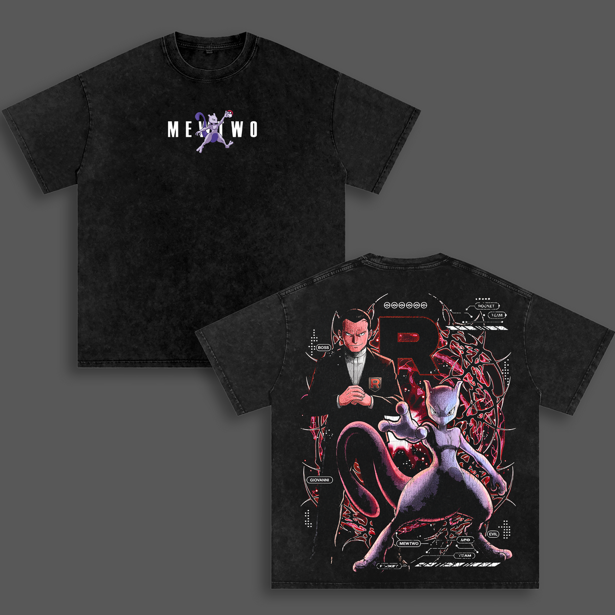 Mewtwo Pokemon Vintage Unisex Oversize Anime Manga Acid Washed Heavyweight Cotton T-shirt