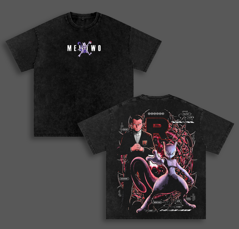 Mewtwo Pokemon Vintage Unisex Oversize Anime Manga Acid Washed Heavyweight Cotton T-shirt