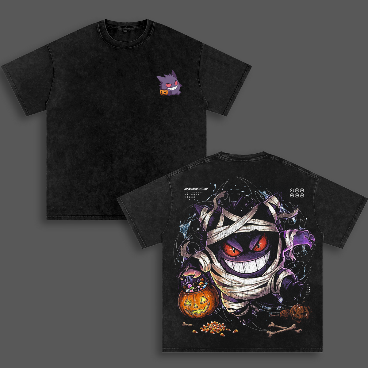 Gengar Pokemon Halloween T-Shirt, Cute Anime Graphic Tee, Vintage Washed Oversized Heavyweight Cotton Shirt, Pokémon Halloween Streetwear, Unisex Graphic Apparel, Gift for Pokémon Fans