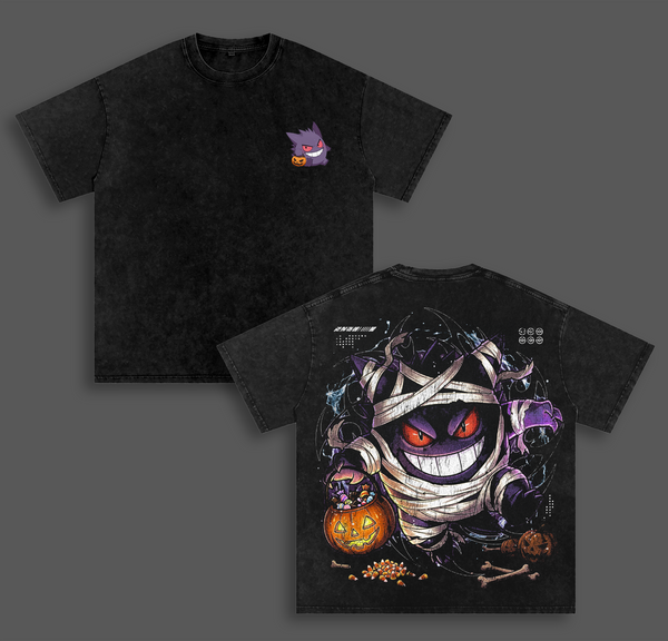 Gengar Pokemon Halloween T-Shirt, Cute Anime Graphic Tee, Vintage Washed Oversized Heavyweight Cotton Shirt, Pokémon Halloween Streetwear, Unisex Graphic Apparel, Gift for Pokémon Fans