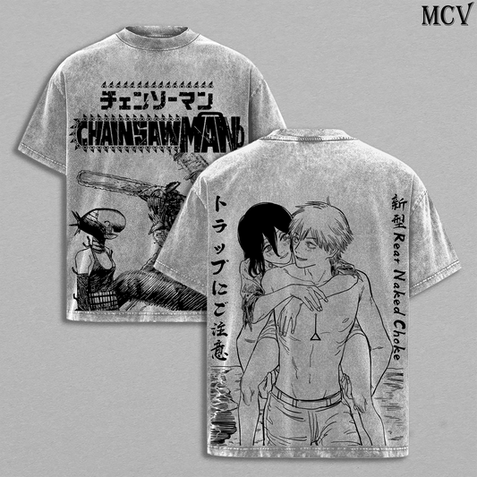 Bomb Devil Reze & Denji – Chainsaw Man Vintage Washed Anime Graphic T-Shirt Japanese Manga Streetwear