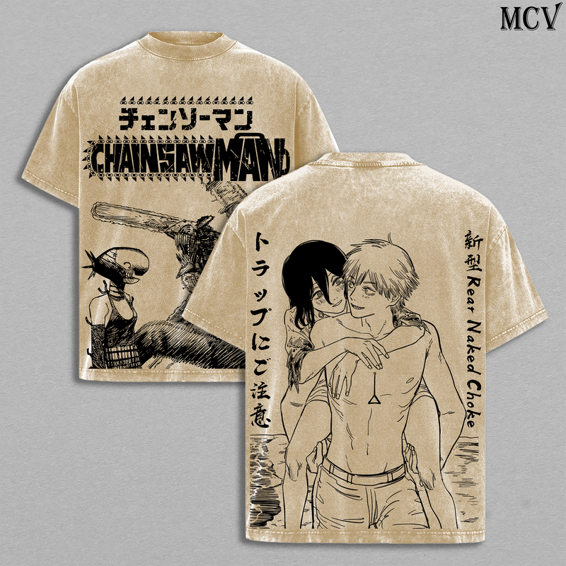 Bomb Devil Reze & Denji – Chainsaw Man Vintage Washed Anime Graphic T-Shirt Japanese Manga Streetwear