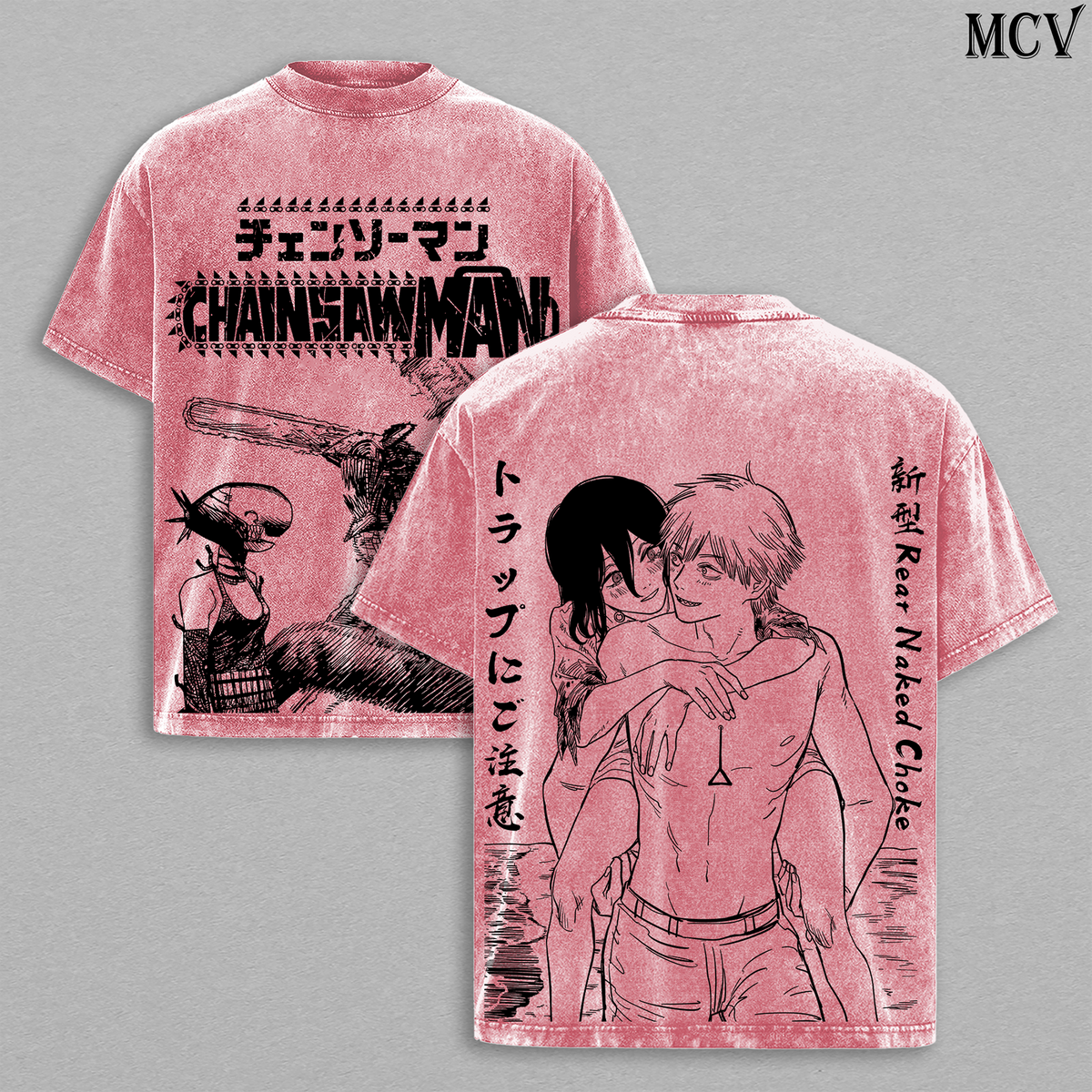 Bomb Devil Reze & Denji – Chainsaw Man Vintage Washed Anime Graphic T-Shirt Japanese Manga Streetwear