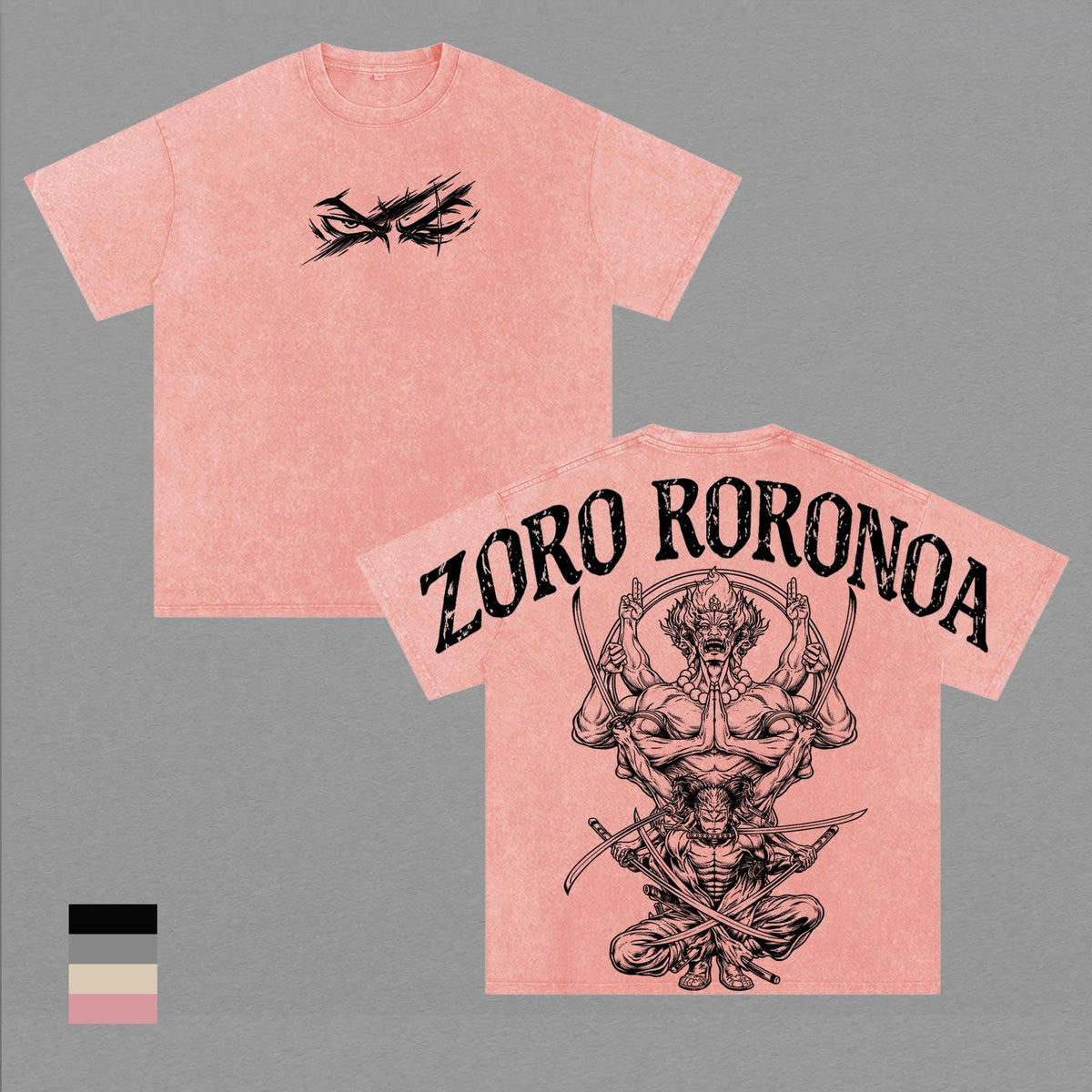 Roronoa Zoro Three Sword Style Anime T-Shirt, Oversized Washed Cotton Tee