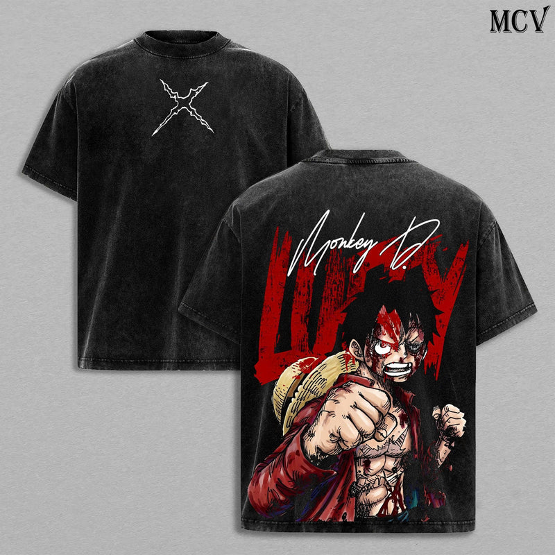Luffy One Piece T-Shirt, Pirate King Anime Tee, Straw Hat Graphic Vintage Washed Tee