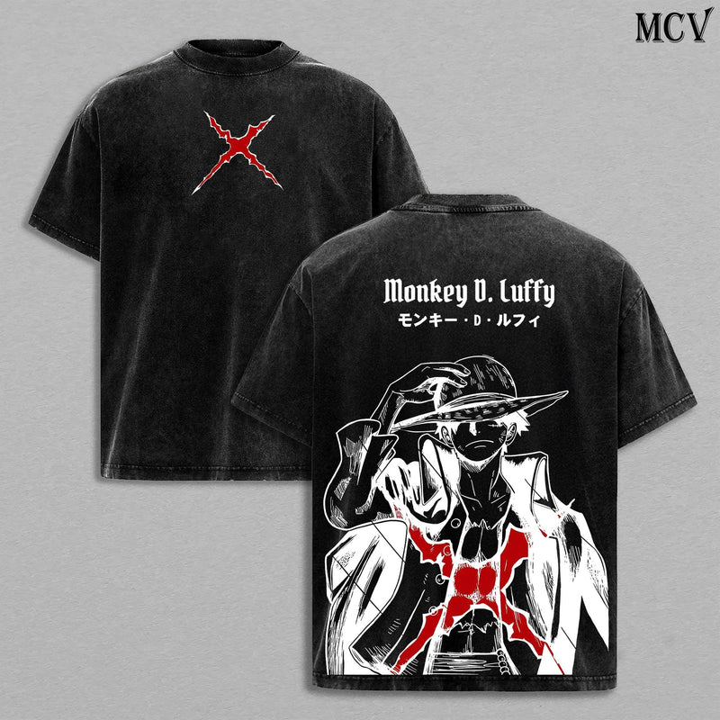 Luffy Vintage Washed T-Shirt, One Piece Pirate King Graphic Tee, Straw Hat Anime Streetwear Shirt