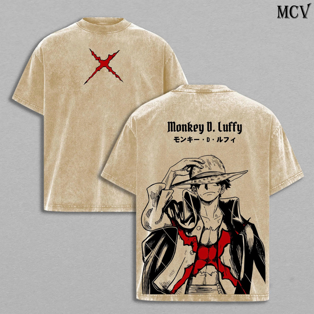 Luffy Vintage Washed T-Shirt, One Piece Pirate King Graphic Tee, Straw Hat Anime Streetwear Shirt